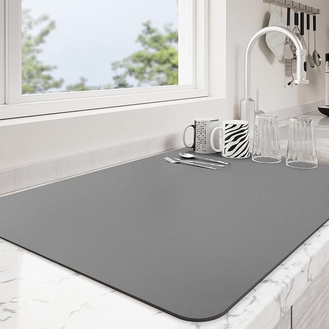 Dish Drying Mat for Kitchen Counter | Coffee Bar Mat for Countertops | Heat Resistant Drainer Mat with Non-slip Rubber Backed | Hide Stain Kitchen Absorbent Draining Mat | Dark Grey 18"x28"