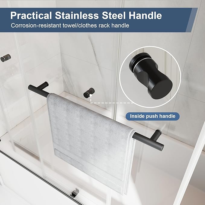 Frameless Bathtub Shower Door, 55-60" W x 60" H Double Sliding Tub Shower Door, 1/4''(6mm) SGCC Tempered Glass with Explosion-Proof Film Nano Coating, Matte Black