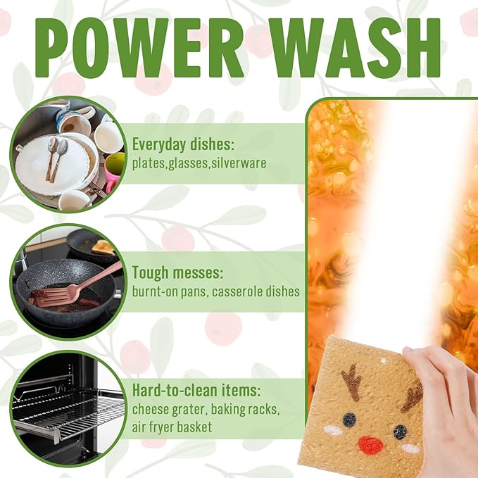 Whaline 8Pcs Christmas Character Kitchen Sponges Santa Reindeer Snowman Elf Water Absorbing Dish Washing Sponge Non Scratch Cleaning Scrub Sponges for Holiday Home Kitchen Bathroom