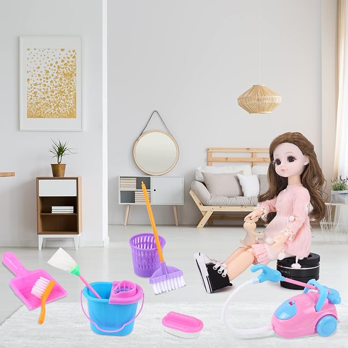 9 Pcs Miniature Dollhouse Cleaning Supplies Mini Bucket Mop Dust Pan Brush Broom Mini Housework Cute Cleaning Supplies Tools Miniature Furniture Dollhouse Decoration Accessories