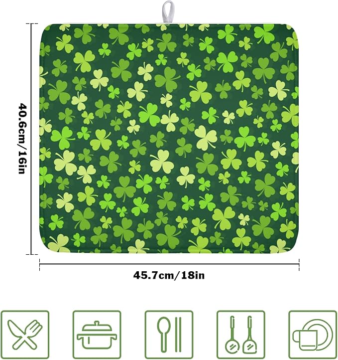 St. Patrick's Day Dish Drying Mat for Kitchen Counter,Irish Green Shamrocks Clover Leaves Drying Mat 16 x 18 Inch with Absorbent Reversible Microfiber Dish Drying Pad for Coffee Bar