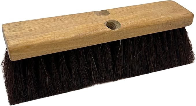 Pure Horsehair Push Broom Head, 12 inches, Heavy Duty Wood Block with 2 Threaded Holes - Clean up Dust and fine Debris for Home or Industrial Use, Fine Premium Bristles