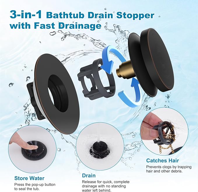 Hibbent 2 Pack 3 in 1 Metal Bathtub Drain Stopper, Universal Pop Up Tub Stopper with Removable Filter Basket, Bathtub Hair Catcher for 1.5''~2.4'' Drain, Brass Bullet Core, Oil-Rubbed Bronze