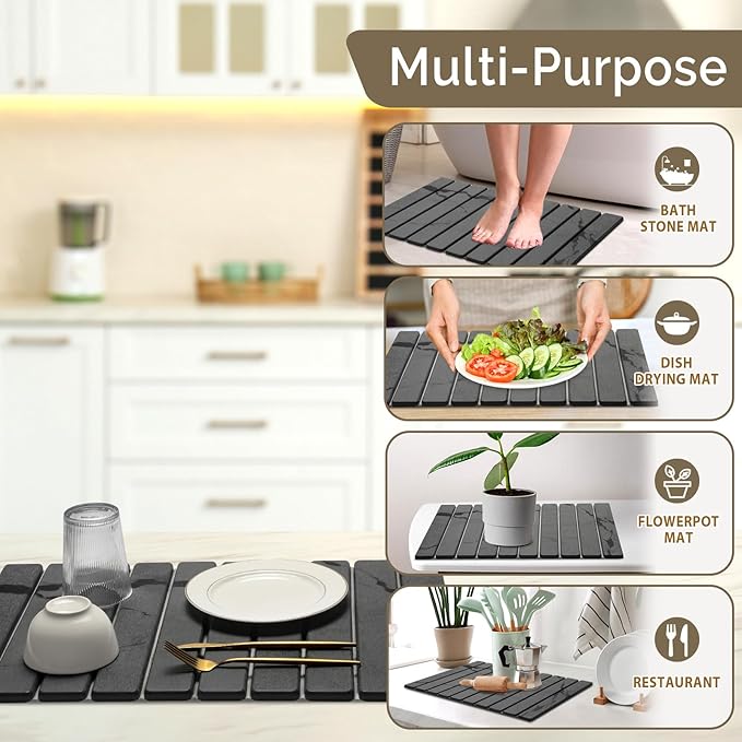 Large Stone Dish Drying Mat for Kitchen Counter, 2PCS Quick Dry Stone Dishes Mat,Foldable Water Absorbing Diatomaceous Drying Organizer Pad for Plate Rack Bottles Utensils(Dark Gray 24"×16" & 8"x4")