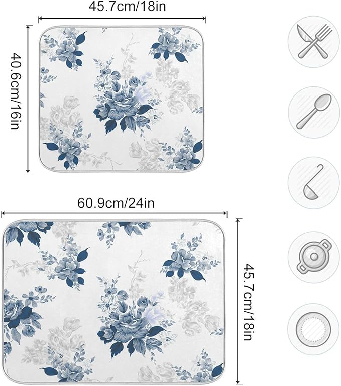 Tarity Watercolor Blue Flower Dish Drying Mat for Kitchen Counter Absorbent Heat Resistant Microfiber Dishes Drainer Mat 18x24 in Large Dish Pad Sink Mat Protective Pad Kitchen Decor
