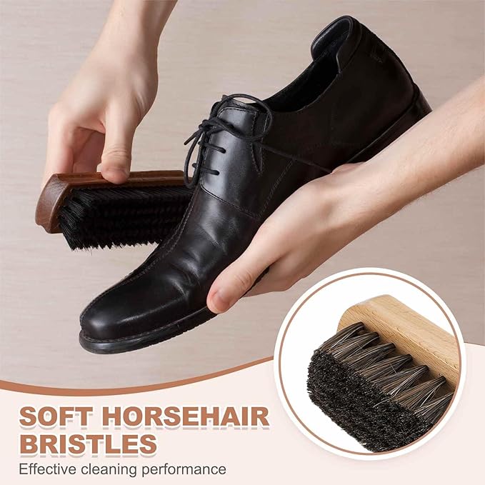 HARFINGTON Shoe Cleaning Brush 7"x2" Beech Wood Horsehair Boot Polish Brushes for Leather Shoes Boots Cloth Cleaner, Brown Wood