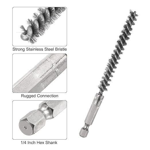 HARFINGTON 5Pcs Bore Brush Stainless Steel 8mm Dia Cleaning Twisted Wire Brush Tube Pipe Cleaner with Handle 1/4 Inch Hex Shank for Tubes, Ports, Bearings