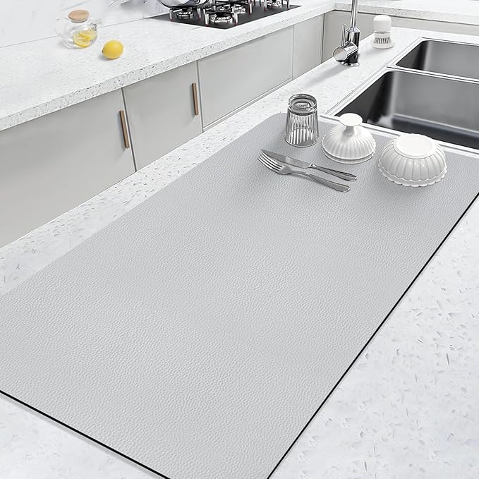 LOPNUR Kitchen Dish Drying Mat, 31.5"x17" Dish Drying Mats for Kitchen Counter, Super Absorbent Dish Drying Pad, Diatomite Coffee Mat Heat Resistant Mat with Anti-slip Rubber Backed, Light Grey