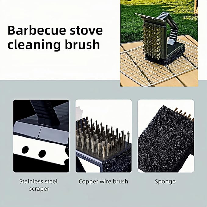 3-in-1 Heavy Duty Grill Brush with Copper Bristles, Stainless Scraper & Sponge - Angled Triangle BBQ Cleaner Tool, Non-Slip Grip for Grill Grate (Black)