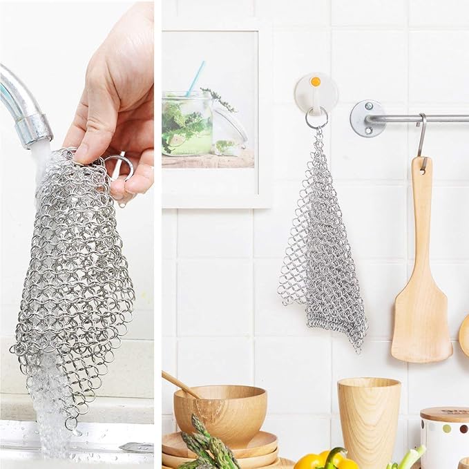 Cast Iron Cleaner 8"x6" 316L Stainless Steel Chainmail Scrubber for Griddle Skillet Dutch Oven Wok Stainless Steel Pot Cast Iron Pan