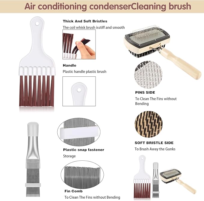 3 in 1 Set Air Conditioner Condenser Fin Comb，Refrigerator Coil Cleaning Brush Supplies, Stainless Ac Coil Cleaner, Evaporator Coil Cleaner, Evaporator Radiator Refrigerator Repair,Cleaner Tool Kit