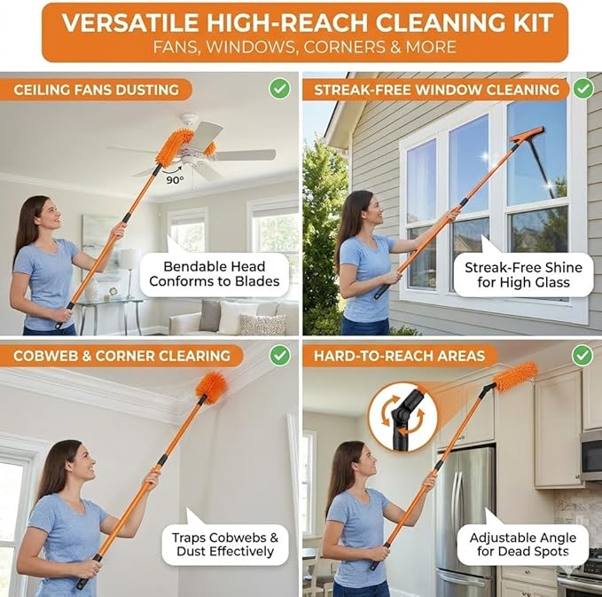 20FT Light Bulb Changer for High Ceilings, 10PCS Extension Pole Kit with 360° Adjustable Bulb Grabber, Ceiling Fan Duster & Window Cleaner, No Ladder Needed