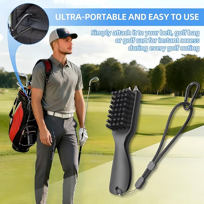 Golf Club Cleaner Brush with Rope and Metal Clasp,Multi-Function Golf Groove Dirt Mud Remover,Stiff Bristles Shoe Cleaner/Portable Golf Cleaning Tool fit for Hiking/Farm/Walking Boot