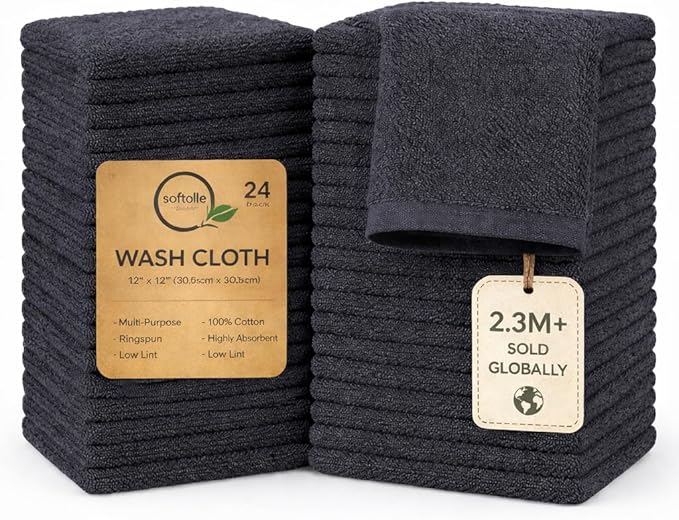 Softolle 100% Cotton Washcloths 24 Pack (12x12 Inches) Soft, Highly Absorbent Washcloth, Face Towels, Wash Cloths for Face, Ring Spun, Bulk Pack (Grey)