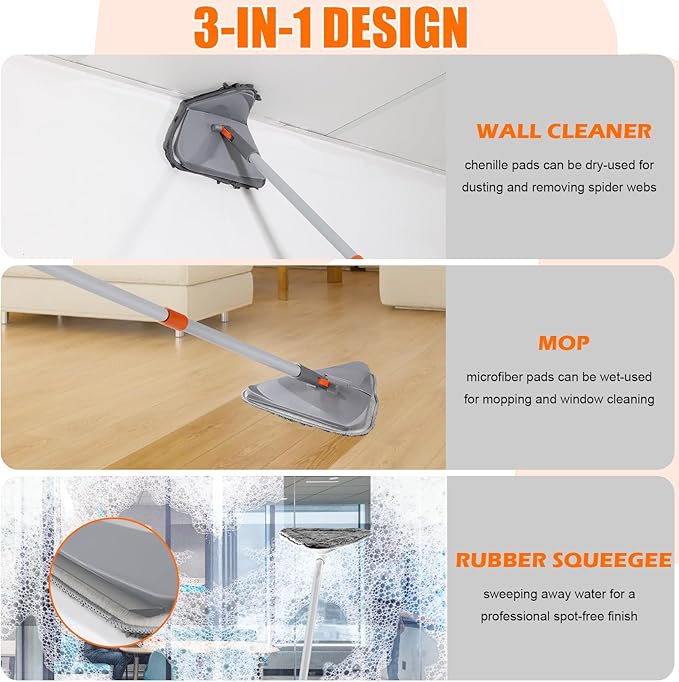 Wall Cleaner Mop with Long Handle 82 Inches, 3-in-1 Ceiling Cleaning Tool Duster Adjustable Length with Replacement Microfiber Chenille Pads (4 Pads)
