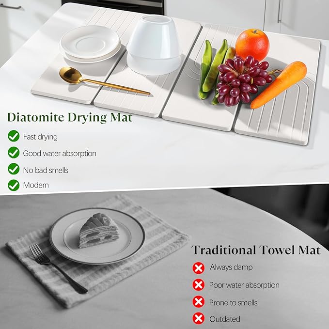 Large Stone Dish Drying Mat for Kitchen Counter, Quick Dry Stone Dishes Mats, 23.6"(L)×15.4"(W), Water Absorbing Diatomaceous Earth Drying Pad for Countertop Bottles Utensils Cups, White