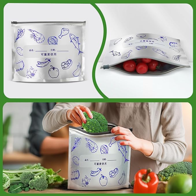 Reusable Aluminum Foil Food Storage Bags with Writable Label, Stand-up Leakproof Ziplock Freezer Bags for Refrigerator, BPA-Free Durable Food Pouch (50-Pack, 6.7Wx8.8H)