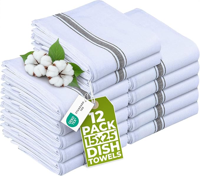 Utopia Towels Black Dish Towels [12 Pack - 15 x 25 Inches] 100% Ring Spun Cotton Highly Absorbent & Reusable Cleaning Bar, Tea, Kitchen and Dishcloths Set - 200 GSM