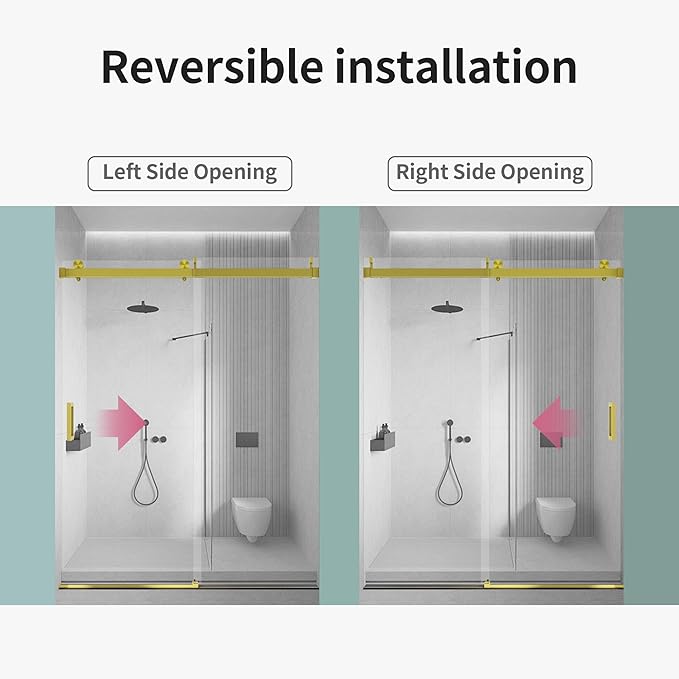 56-60" W x 76" H Frameless Soft-Close Sliding Shower Door, 3/8" (10mm) SGCC Tempered Glass, Reversible Install, Brushed Gold, Elegant Bathroom Upgrade