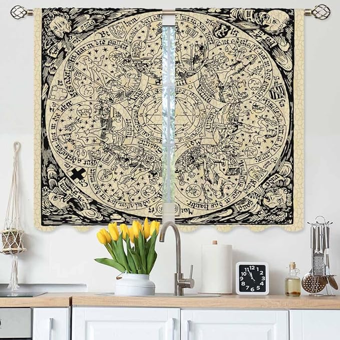 Planets Kitchen Curtains Old Astrology Ink Drawing Short Tier Curtains for Bathroom Cafe Small Window Drapes Treatment 2 Panels (27.5x39 Inch)