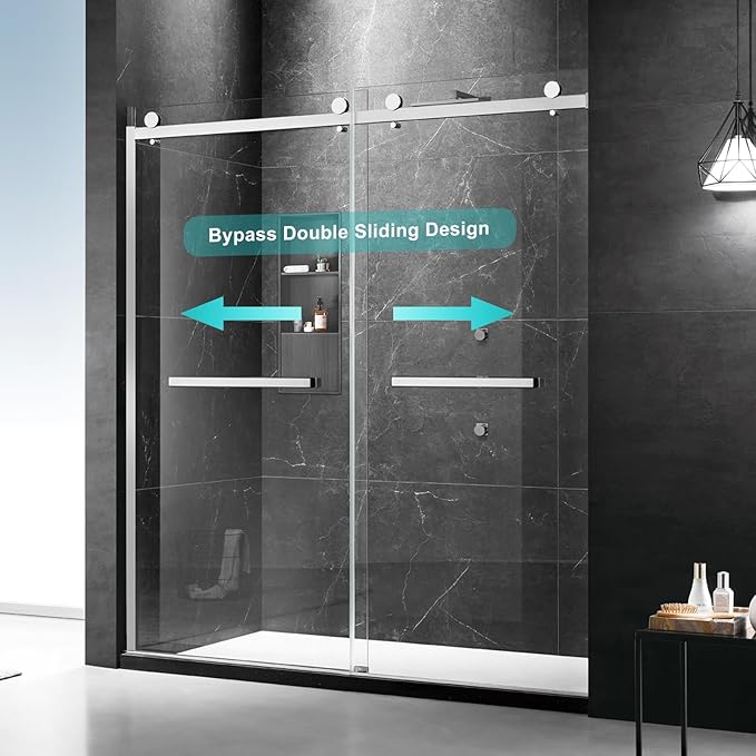 Milano Double Sliding Shower Door, 54 in.W x 74 in.H Framed Shower Door 5/16"(8mm) Clear Tempered Glass, 18 inch Pull Handle, Stainless Steel Hardware, Brushed Nickel Finished