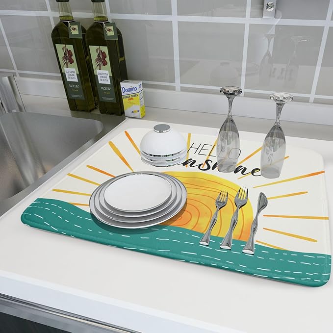 Summer Seaside Sunset over Sea Dish Drying Mat for Kitchen Counter,Hello Sunshine Drying Mat 18 x 24 Inch with Absorbent Reversible Microfiber Drying Pad for Coffee Bar