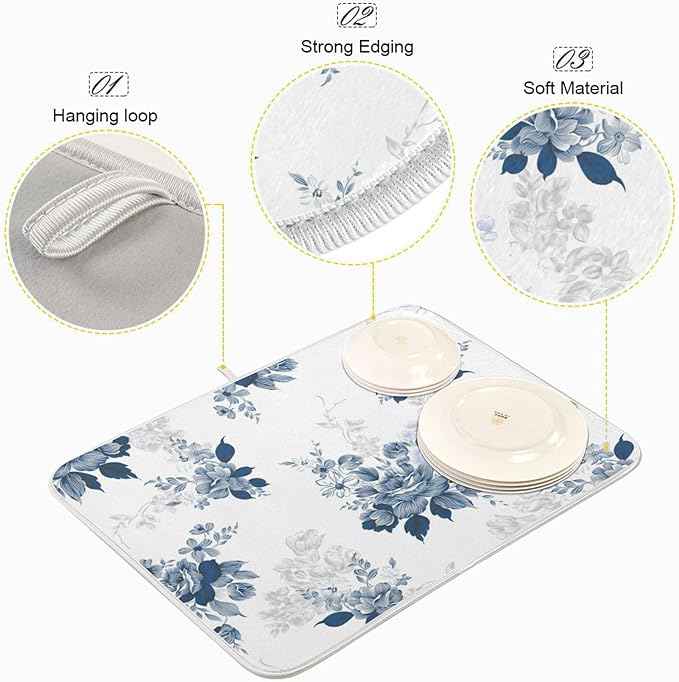 Tarity Watercolor Blue Flower Dish Drying Mat for Kitchen Counter Absorbent Heat Resistant Microfiber Dishes Drainer Mat 16x18 in Dish Pad Sink Mat Protective Pad Kitchen Decor