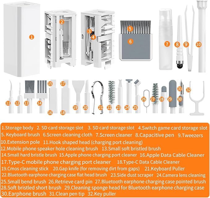Phone Cleaning Kit Laptop Cleaner,Keyboard Cleaning Kit for Computer PC MacBook,32-in-1 Multi-Functional Electronics Cleaning Brush Tool for AirPod iPad iPhone Pro TV Screen Earbuds Camera Monitor