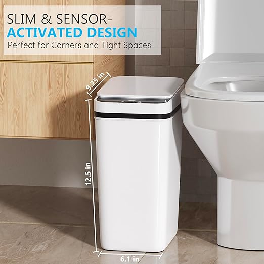 3Pack Bathroom Small Trash Can with Lid, 2.6 Gallon Touchless Automatic Garbage Can Slim Waterproof Motion Sensor Smart Trash Bin for Bedroom, Office, Living Room-White