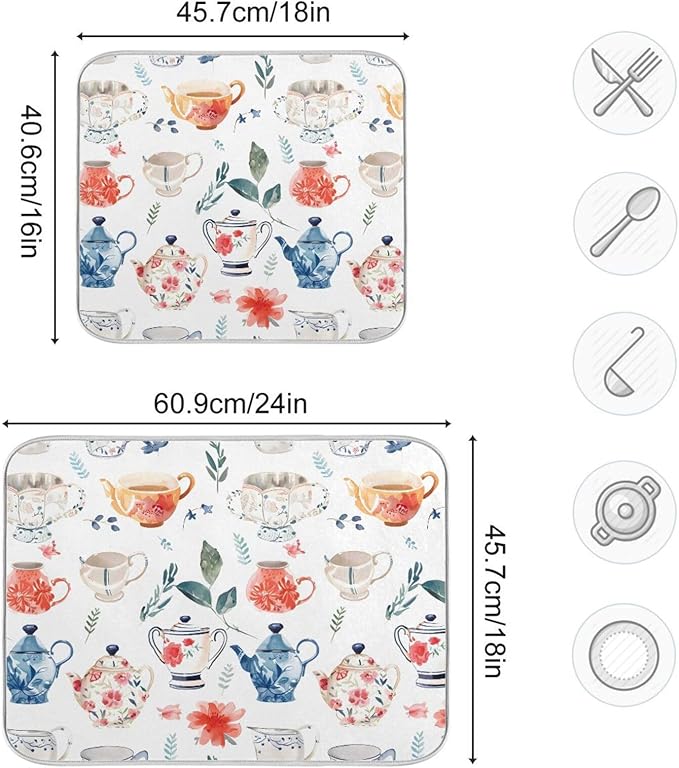 Watercolor Tea Cups Teapots Dish Drying Mat for Kitchen Counter Absorbent Microfiber Drying Pad, Large 18x24 in, Reversible Drainer Mats