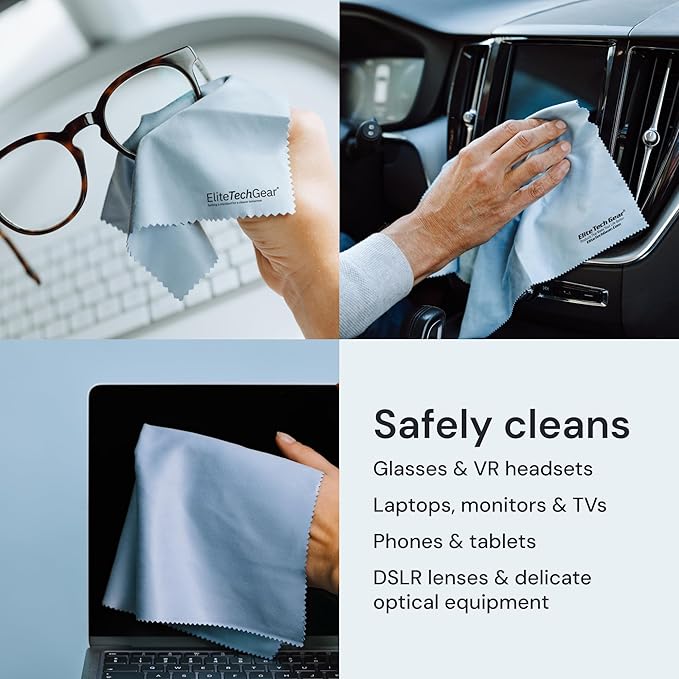 Elite Screens Microfiber Cleaning Cloth - 12" x 12", Blue, 8-Pack - Oversized for Lens Coverage & Glasses Wipes - Scratch-Free Electronic Cleaning Cloth for Screens