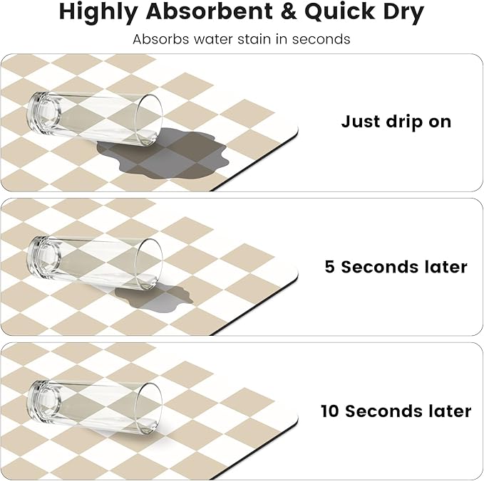 16" x 24" Checkered Dish Drying Mat for Kitchen Counter, Absorbent Coffee Bar Mat for Espresso Machine Coffee Countertops Accessories (Khaki)