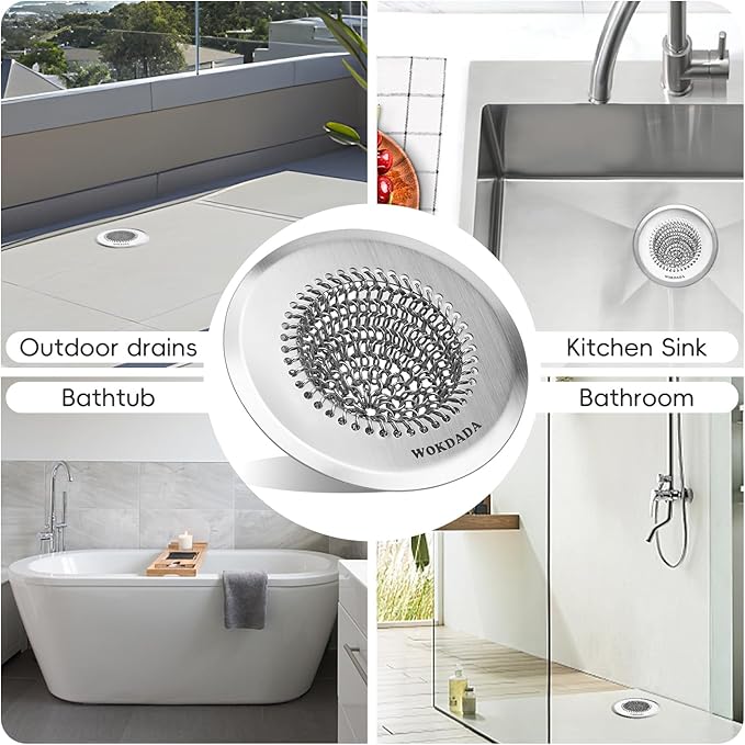 2 Pack Wokdada Bathtub Drain Hair Catcher, Wokdada Fast Drainage Shower Drain Hair Catcher, Reversible 304 Stainless Steel Drain Protector for Pop-Up and Regular Drains of Bathroom(Patented Product)