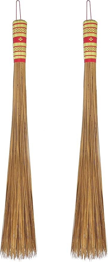2 Piece 32 inch Multi-Surface Sturdy Outdoor Authentic Coconut Leaf Broom Asian Heavy Duty Broom Thai Natural Coconut Leaf Broom (Country Rustic)