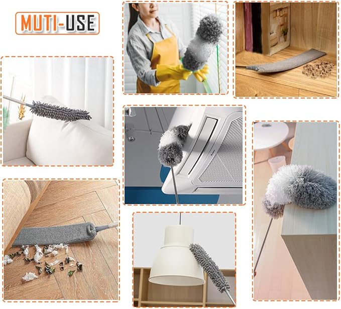 Microfiber Feather Duster, 6PCS Extendable Bendable Dusters with 100" Telescopic Pole, Washable & Reusable Cleaning Kit for Ceiling Fans, Lights, Blinds, Cars, Hard-to-Reach Areas (Gray)