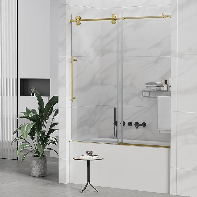 Sunrosa 60" W x 60" H Frameless Tub Shower Door, Sliding Tub Door with Handle, Glass Bathtub Shower Door with 5/16" (8mm) Clear SGCC Tempered Glass, Brushed Gold