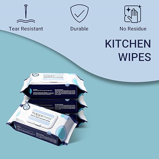happimess WPE1003A-4SET Reusable Heavy Duty Kitchen Wipes, Strong & Durable Multi-Surface Cleaning Cloths for Counters, Stovetops & Grease, Streak-Free & Unscented, 50 Count (Pack of 4), 8" x 10"
