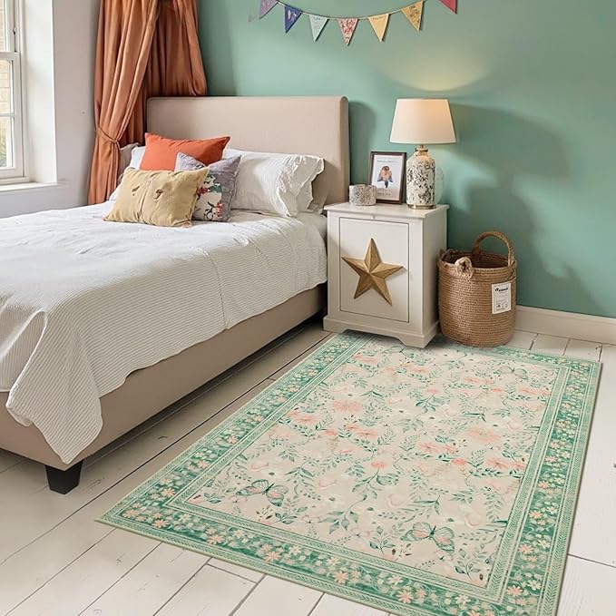 Entryway Rug, 3x5 Washable Area Rug, Green Vintage Boho Throw Rugs, Non Slip Low Pile Small Carpet for Bedroom, Girls Kids Room and Nursery Room(Sage Green 3x5ft)