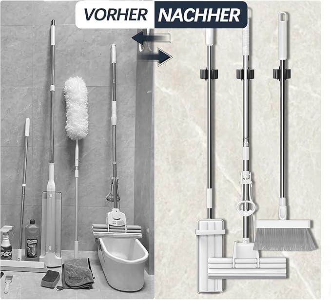3-H Stainless Steel Broom Holder Wall Mount 8 Pack, Heavy Duty Mop and Broom Organizer with Screws, Tool Storage Rack for Kitchen, Laundry, Bathroom, Garage, Garden Shed,Black