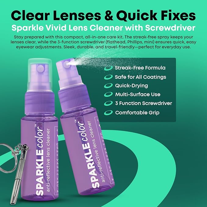 Sparkle Anti-Reflective Safe Lens Cleaner & Repair Kit – (2) 1oz Glasses Cleaner Spray, (2) Microfiber Cloth & Keychain Screwdriver for Eyeglasses, Sunglasses, Lenses & Screens (5 Piece Set)