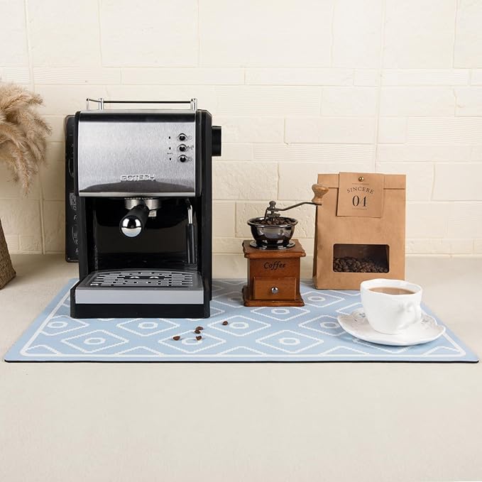 SUEH DESIGN Dish Drying Mat, Absorbent Coffee Mat 19.6 x 11.8 in Quick Dry Drying Mats Large Coffee Mat for Coffee Bar Kitchen Countertop, Blue