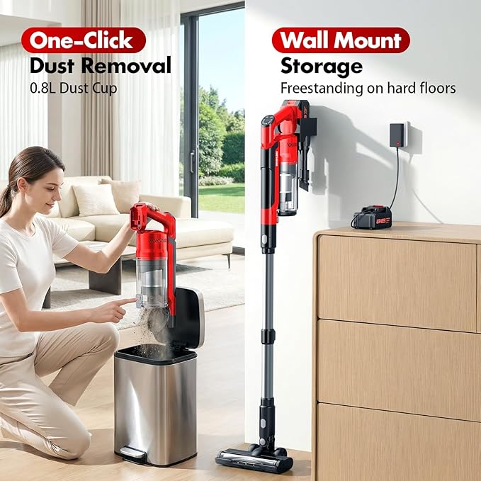 Cordless Vacuum Cleaners for Home with 2*Battery 8000mAh, Brushless Rechargeable Stick Vacuum with 3 Mode, 6 In 1 Portable Handheld Cordless Vacuum for Pet Hair /Hardwood Floor/Dorm/Carpet (Red)