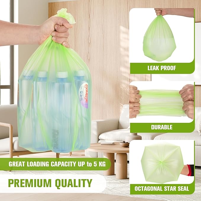 Rishipahu Small Trash Bags 4-6 Gallon Biodegradable, 110 Count Small Garbage Bags, Unscented & Leakage-Proof, Easy Tearing Bathroom Trash Bags for Bathroom, Office, Bedroom, Kitchen, Green