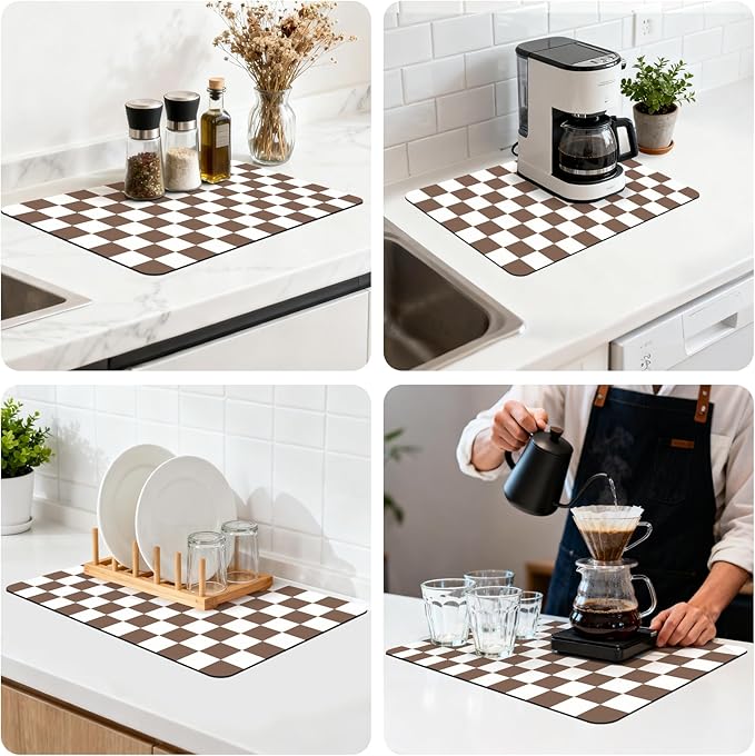 12" x 20" Checkered Dish Drying Mat for Kitchen Counter, Absorbent Coffee Bar Mat for Espresso Machine Coffee Countertops Accessories (Coffee Brown)