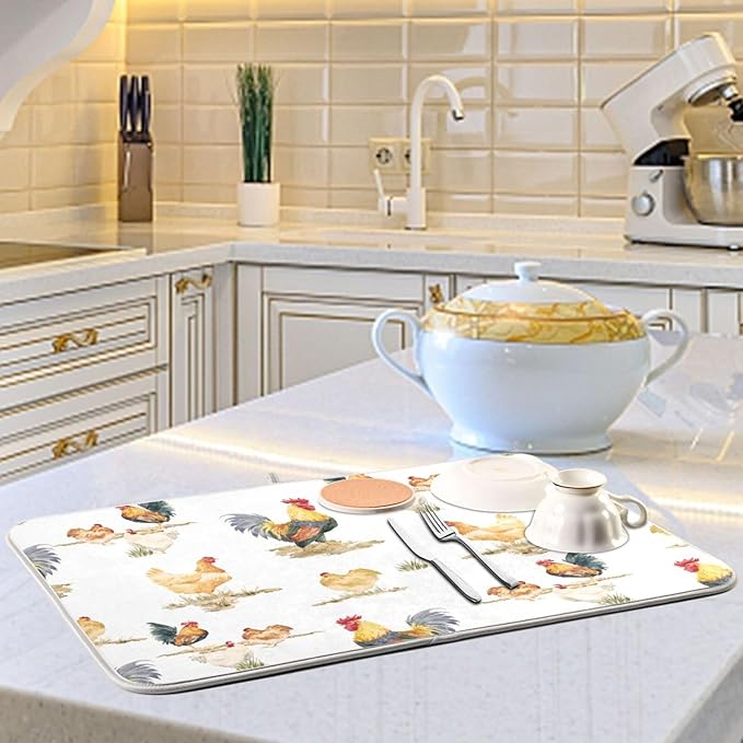Tarity Watercolor Chickens And Rooster Dish Drying Mat for Kitchen Counter Absorbent Heat Resistant Microfiber Dishes Drainer Mat 18x24 in Large Dish Pad Sink Mat Protective Pad Kitchen Decor