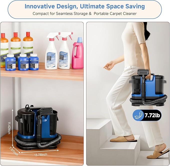 Portable Carpet & Upholstery Cleaner Machine, Handheld Spot Cleaner with Dual Brush, 18KPa Suction, Large Removable Tank for Couch, Car, Stairs, Rugs & Pet Stains, Blue