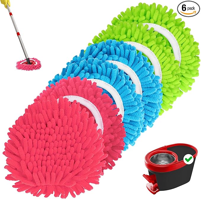 Baderke 6 Pack Chenille Mop Heads Replacements Compatible with 1 Tank System Chenille Duster Replacement Heads Microfiber Spin Mop Refill Pads Reusable Dust Refills for Floor Cleaning (Multicolor)