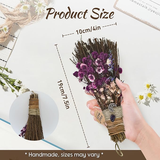 Cinnamon Broom 7.5 Inch Witch Broom for Altar Magic Crystal Handmade Mini Cinnamon Broomstick Scented Natural Herbal Protection Witchcraft Supplies for Wiccan Décor Witchy Gifts (Purple)