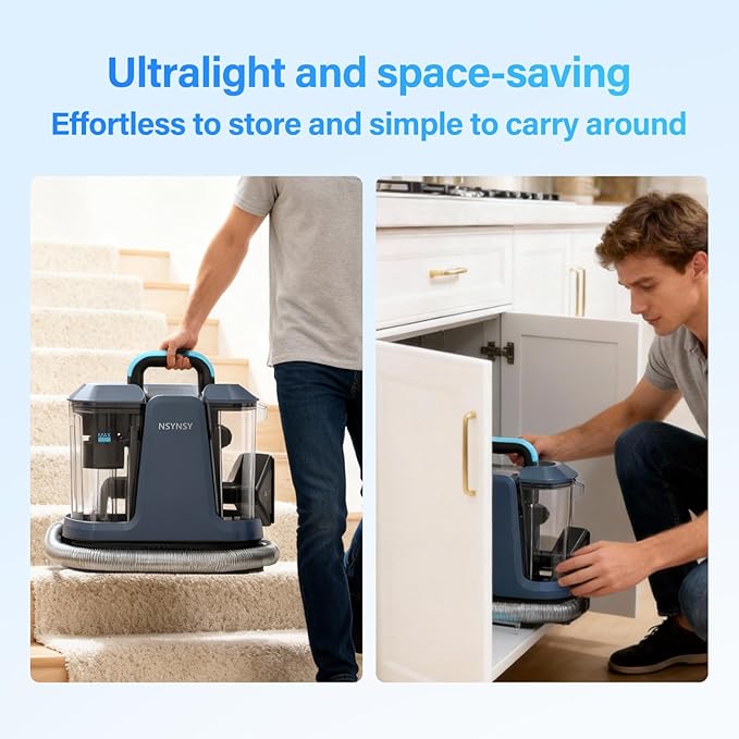 Portable Carpet & Upholstery Spot Cleaner, Compact Strong-Suction Machine with Scrubbing Brush, Removes Pet Stains, Spills & Dirt from Sofas, Stairs, Rugs, Mattresses & Car Interiors