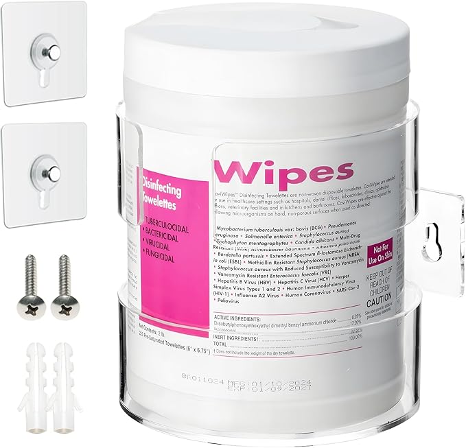 Wipes Holder for Heavy Duty Cleaning Wipes, Clear Acrylic Wall Mount Cleaning Wipes Dispenser Wall Bracket Wipes Rack for Hospital, Kitchen, Office, Garage (5.04" L x 5.31" W x 5.51" H)